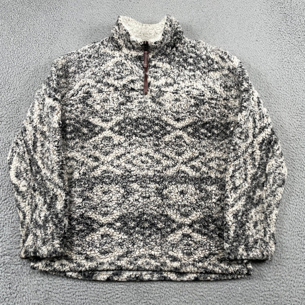True Grit Pullover Mens L Grey Frosty Tipped Pile Tribal Faux Fur Quarter Zip